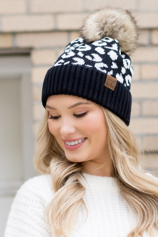 Leopard Design Faux Fur Pom Beanie