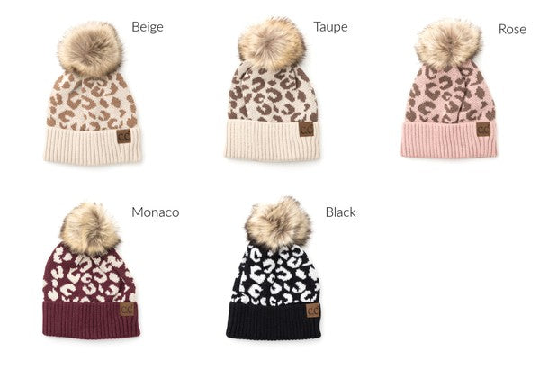 Leopard Design Faux Fur Pom Beanie