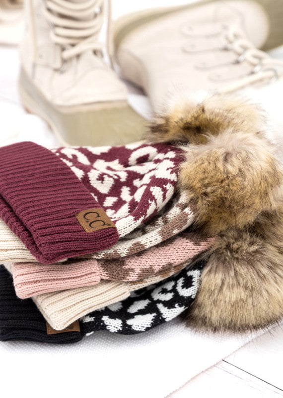 Leopard Design Faux Fur Pom Beanie