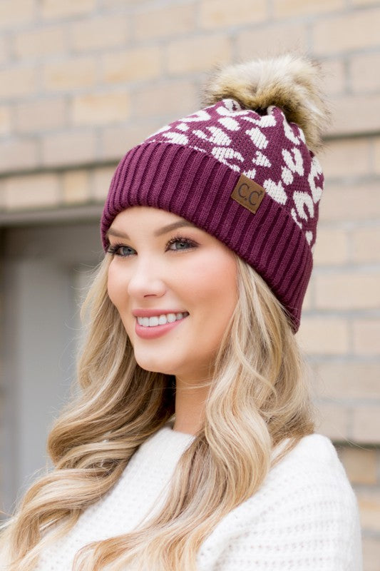 Leopard Design Faux Fur Pom Beanie