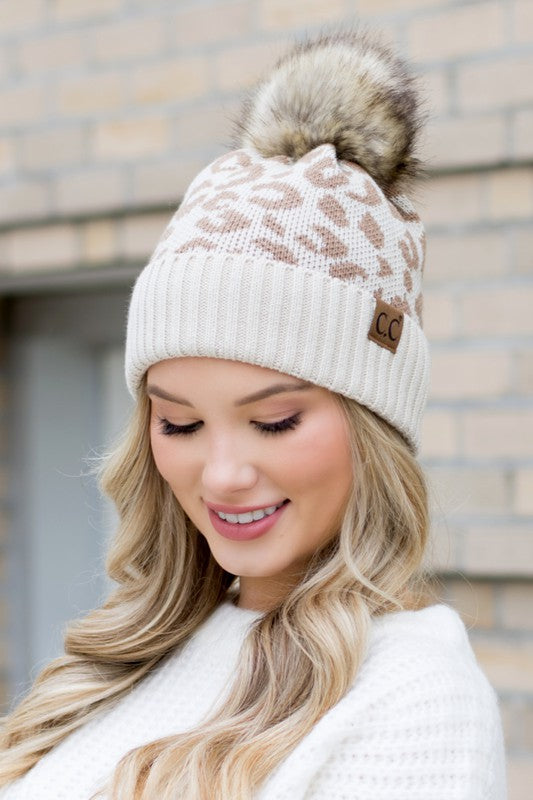 Leopard Design Faux Fur Pom Beanie