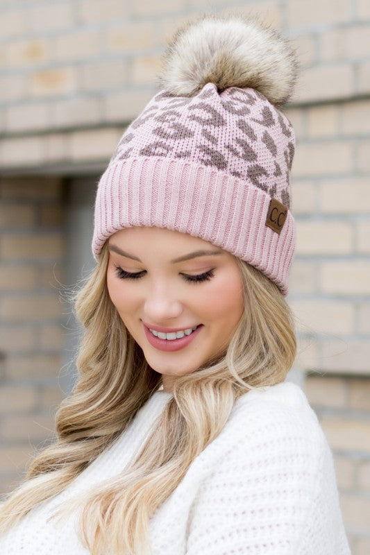 Leopard Design Faux Fur Pom Beanie