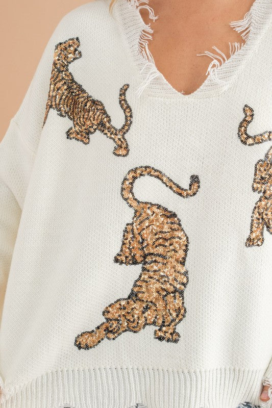 Cute Frayed Edge Sequin Tiger Sweater