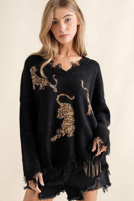 Cute Frayed Edge Sequin Tiger Sweater