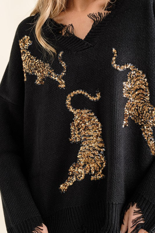 Cute Frayed Edge Sequin Tiger Sweater