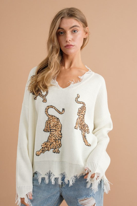 Cute Frayed Edge Sequin Tiger Sweater