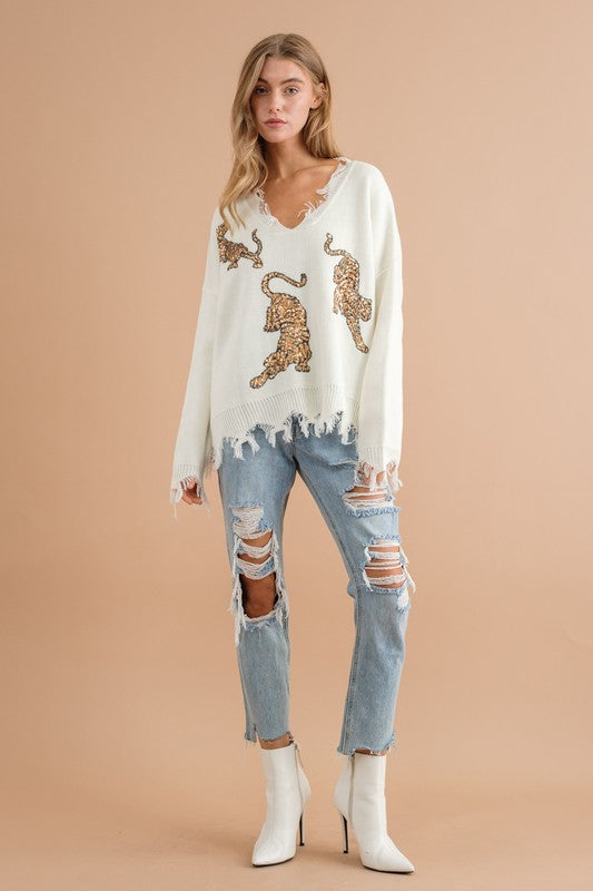Cute Frayed Edge Sequin Tiger Sweater