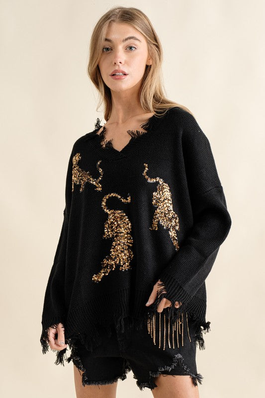 Cute Frayed Edge Sequin Tiger Sweater