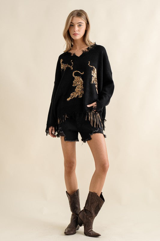 Cute Frayed Edge Sequin Tiger Sweater