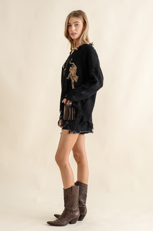 Cute Frayed Edge Sequin Tiger Sweater