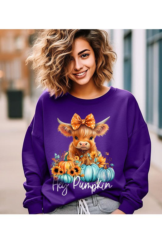 Thanksgiving Unisex Fleece Sweatshirt | Hey Pumpkin | Highland Cow