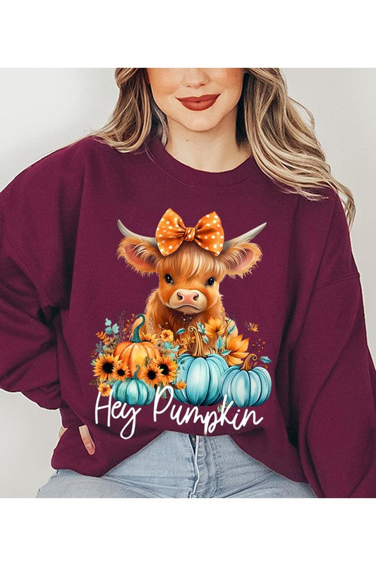 Thanksgiving Unisex Fleece Sweatshirt | Hey Pumpkin | Highland Cow