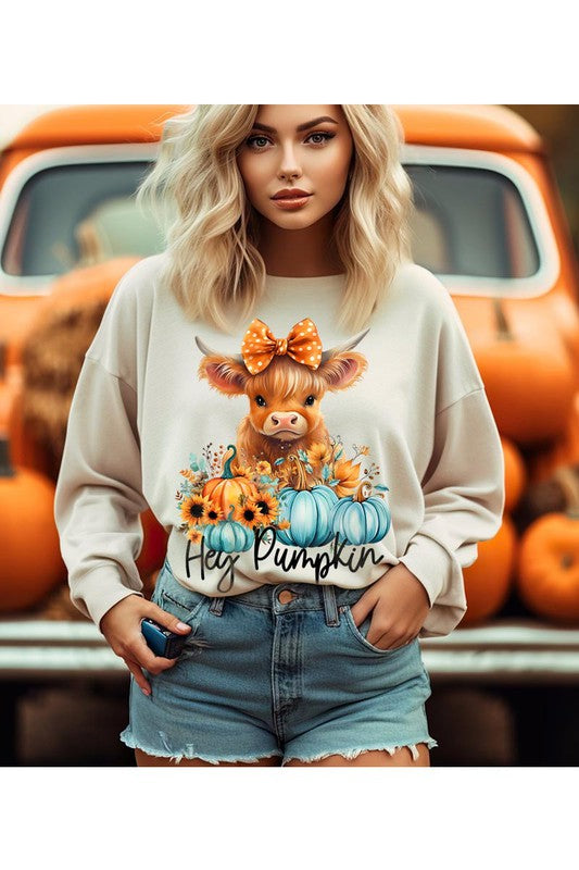 Thanksgiving Unisex Fleece Sweatshirt | Hey Pumpkin | Highland Cow