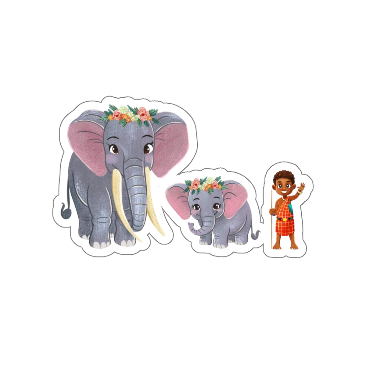 Stickers of Amara with her Loving Mother, Lila and Yaro with Flowers as Crowns | Die-Cut Water-resistant Elephant Stickers | Outdoor and Indoor Stickers