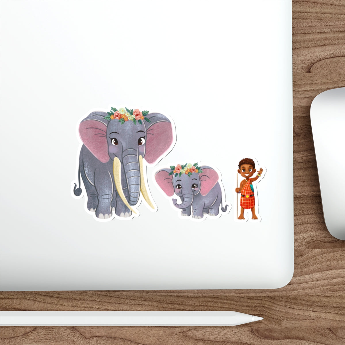 Stickers of Amara with her Loving Mother, Lila and Yaro with Flowers as Crowns | Die-Cut Water-resistant Elephant Stickers | Outdoor and Indoor Stickers