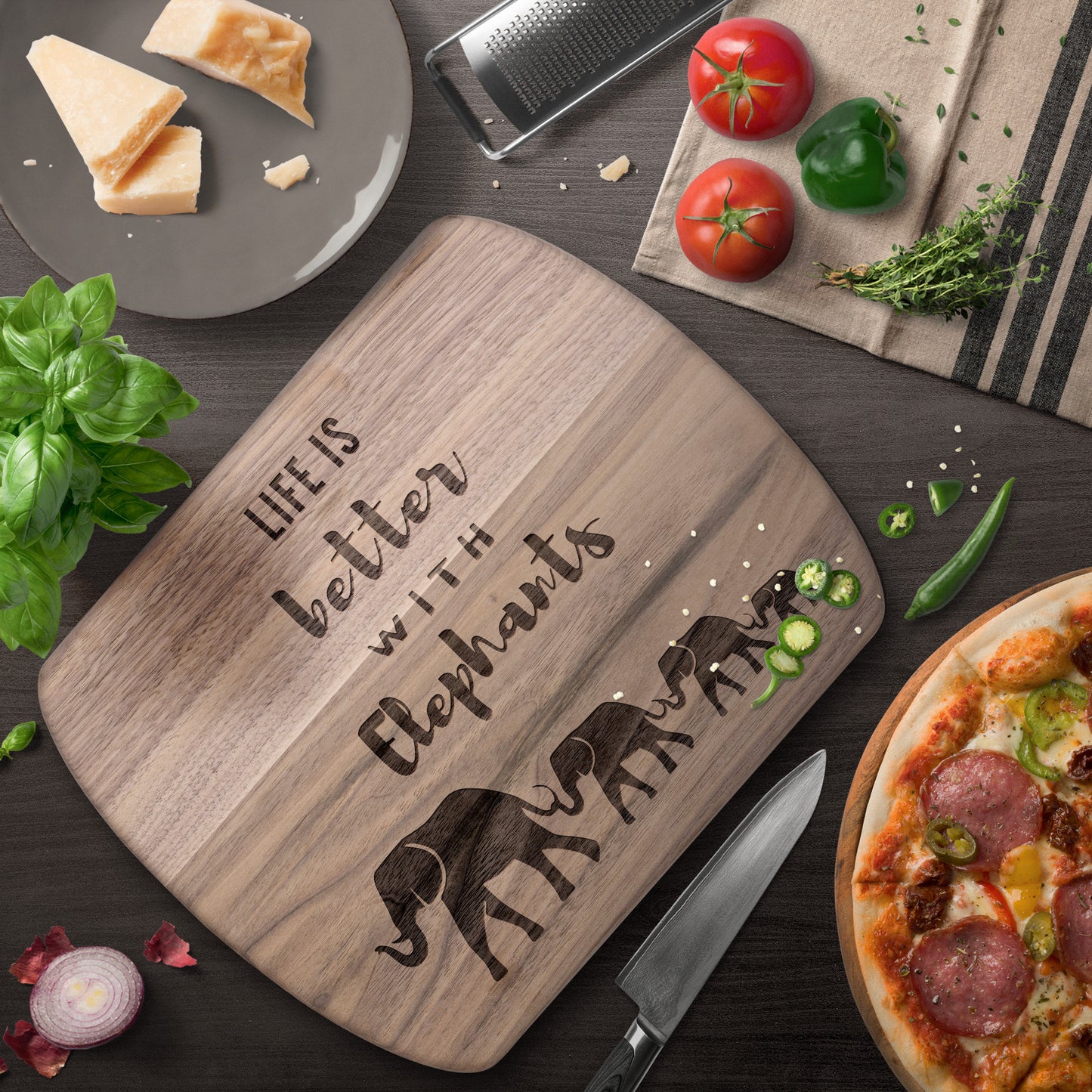 Elephants Cutting Board | Life is Better | Walnut Cutting Board, Maple Cutting Board, Oval Cutting Board