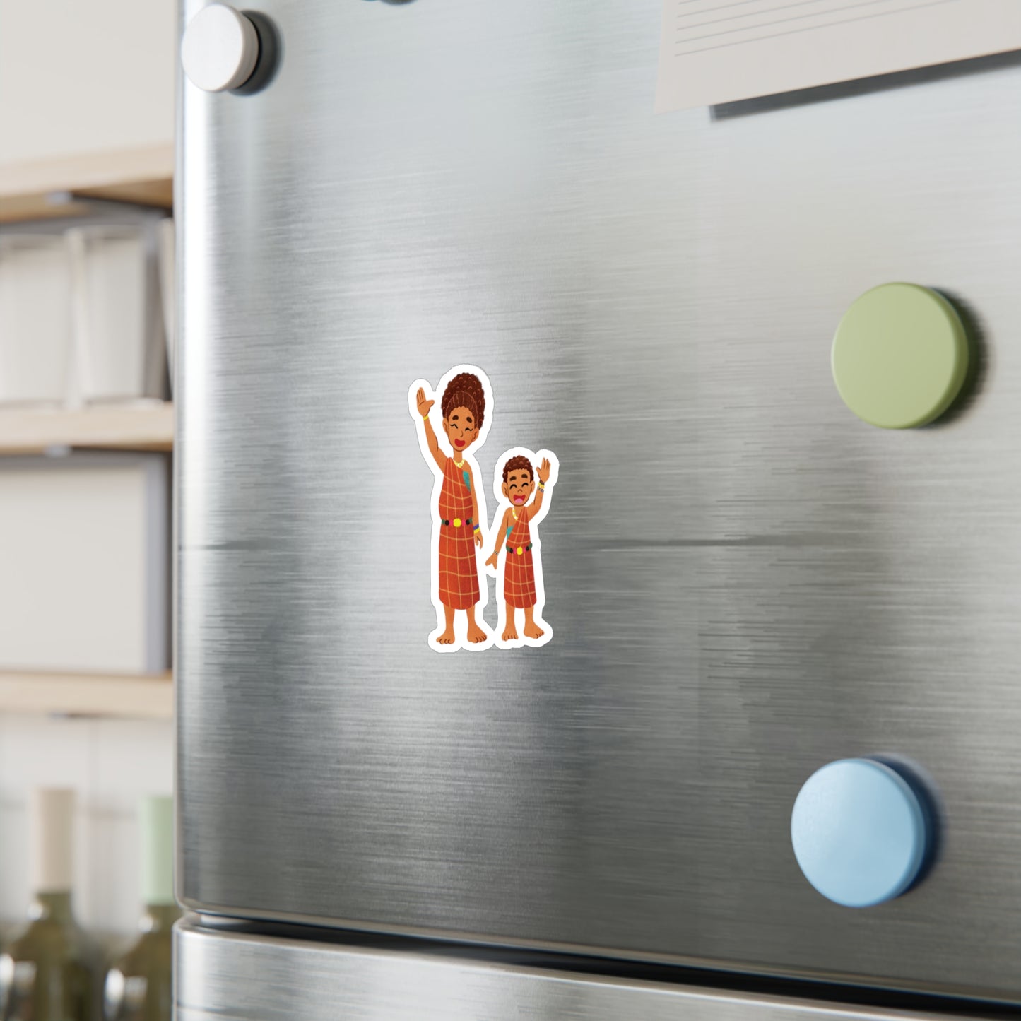 Stickers of Yaro the Maasai Village Boy and his Mother Waving Goodbye | Die-Cut Maasai Family Stickers | Outdoor and Indoor Stickers | Water-resistant Stickers