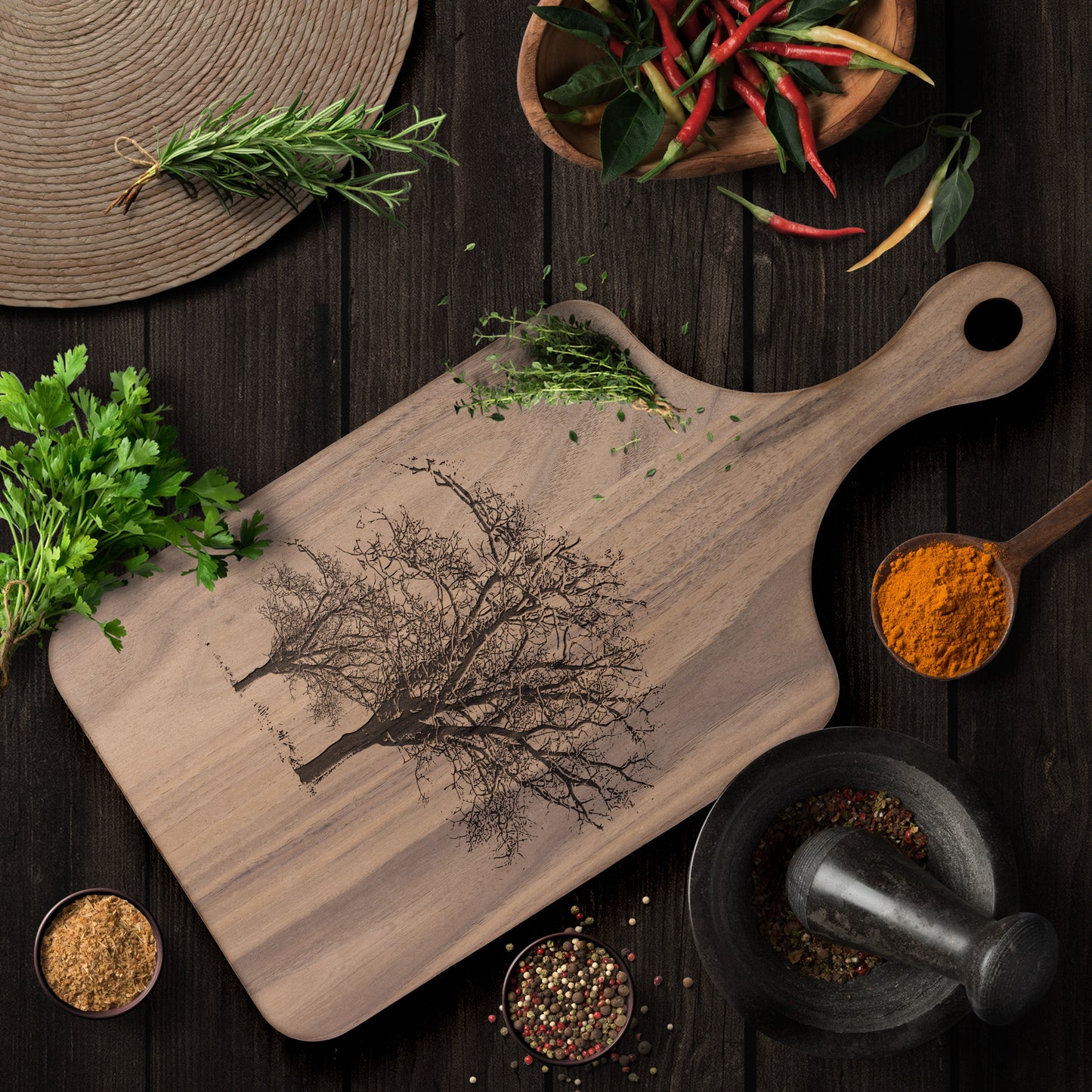 Maple Cutting Board, Walnut Cutting Board, Paddle Cutting Board with Trees, Perfect Housewarming Gift