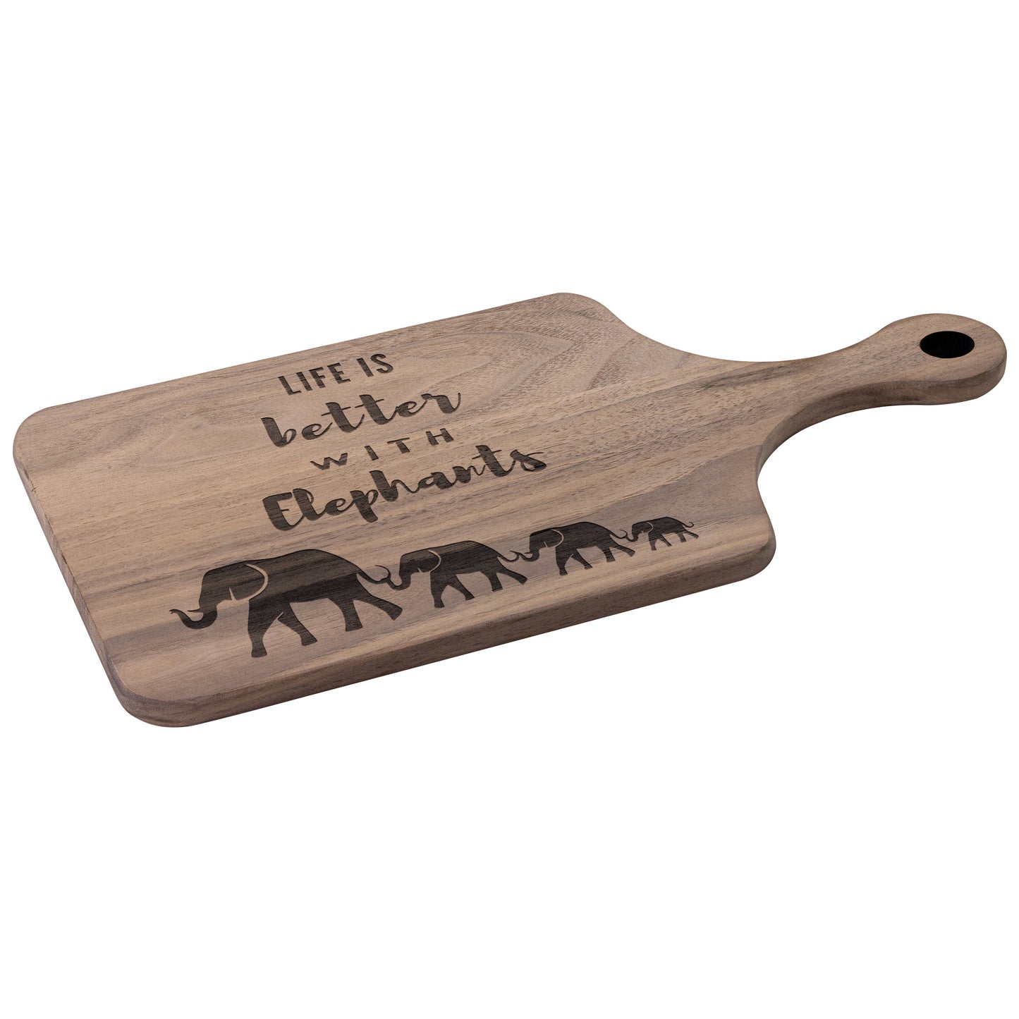 Elephant Paddle Cutting Board | Life is Better with Elephants | Mama Elephant & her baby elephants | Walnut & Maple