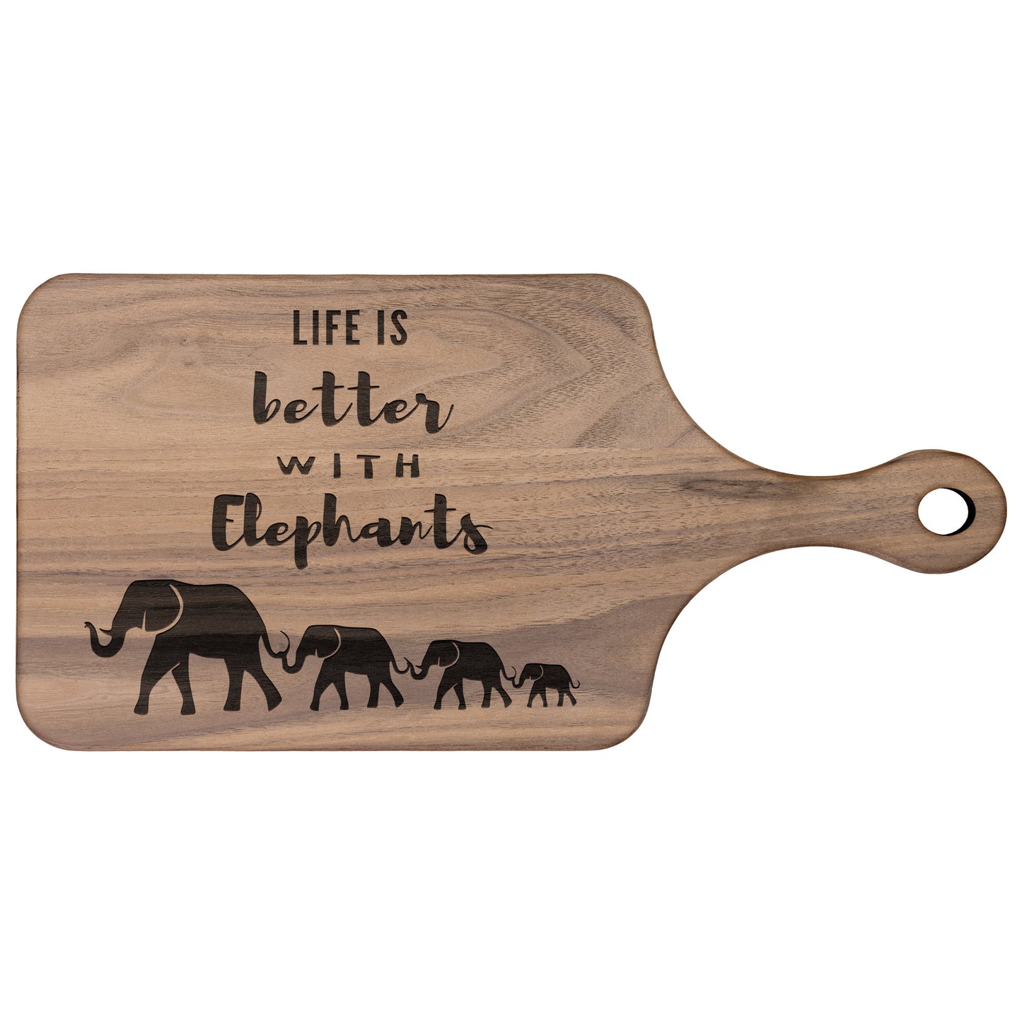 Elephant Paddle Cutting Board | Life is Better with Elephants | Mama Elephant & her baby elephants | Walnut & Maple