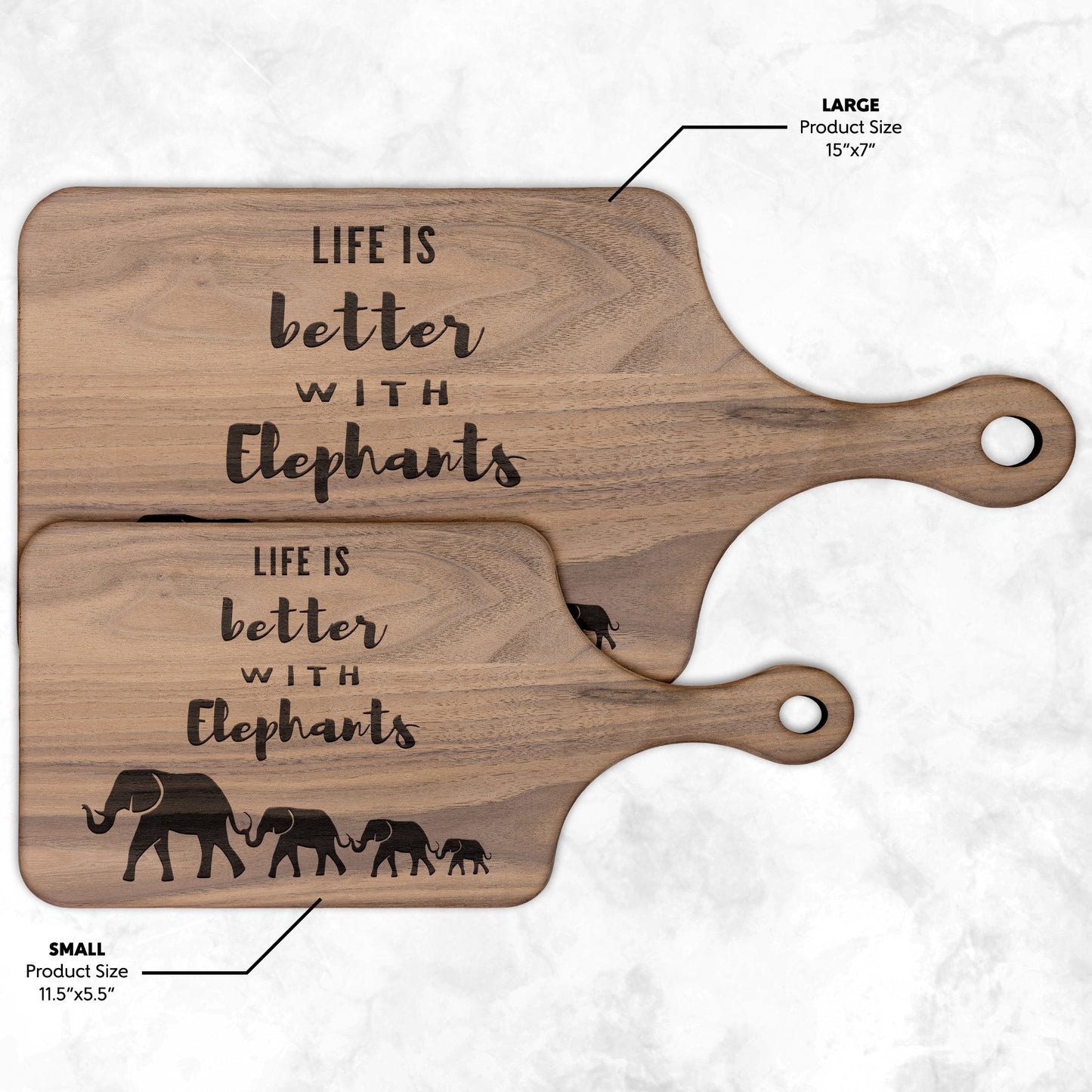 Elephant Paddle Cutting Board | Life is Better with Elephants | Mama Elephant & her baby elephants | Walnut & Maple