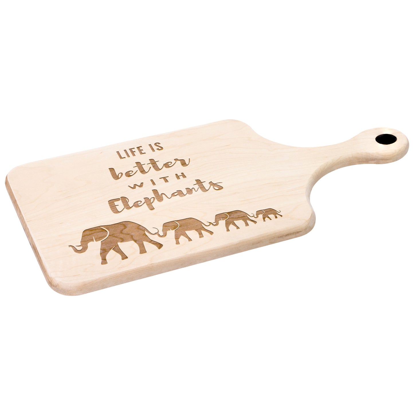 Elephant Paddle Cutting Board | Life is Better with Elephants | Mama Elephant & her baby elephants | Walnut & Maple