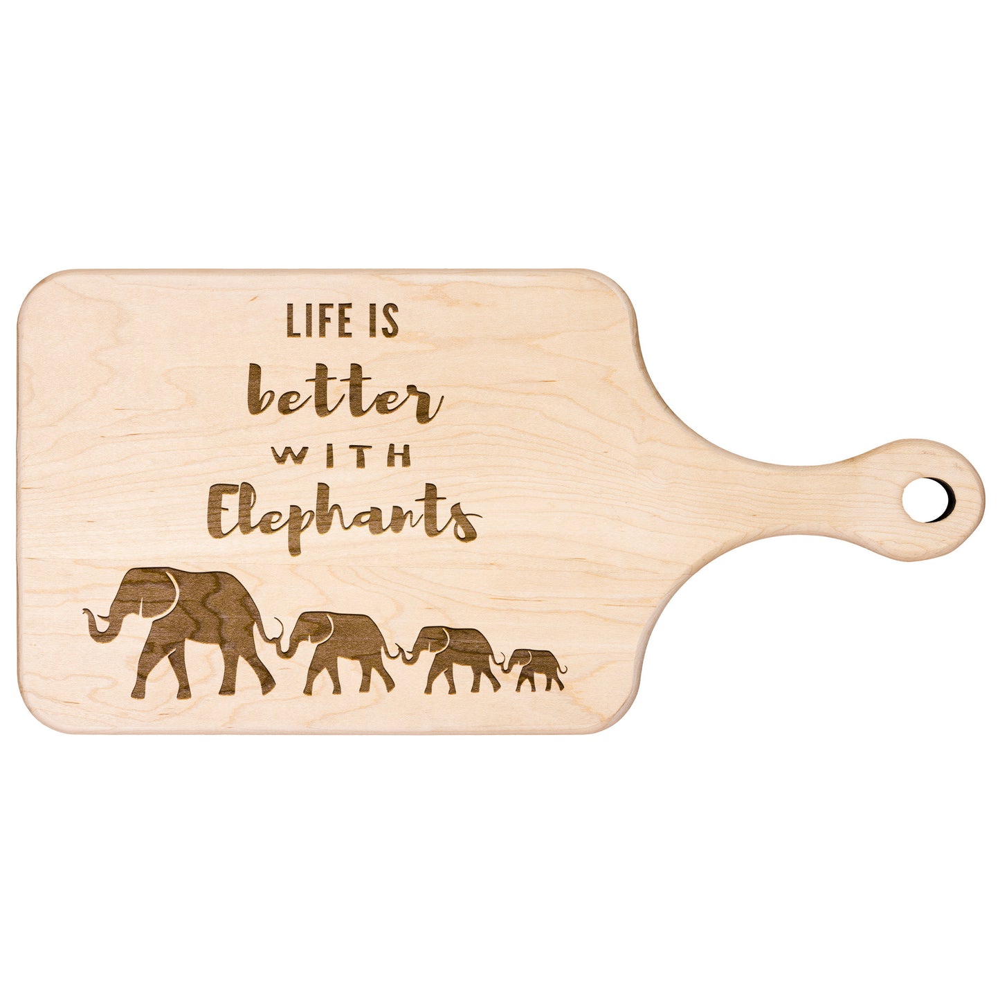 Elephant Paddle Cutting Board | Life is Better with Elephants | Mama Elephant & her baby elephants | Walnut & Maple