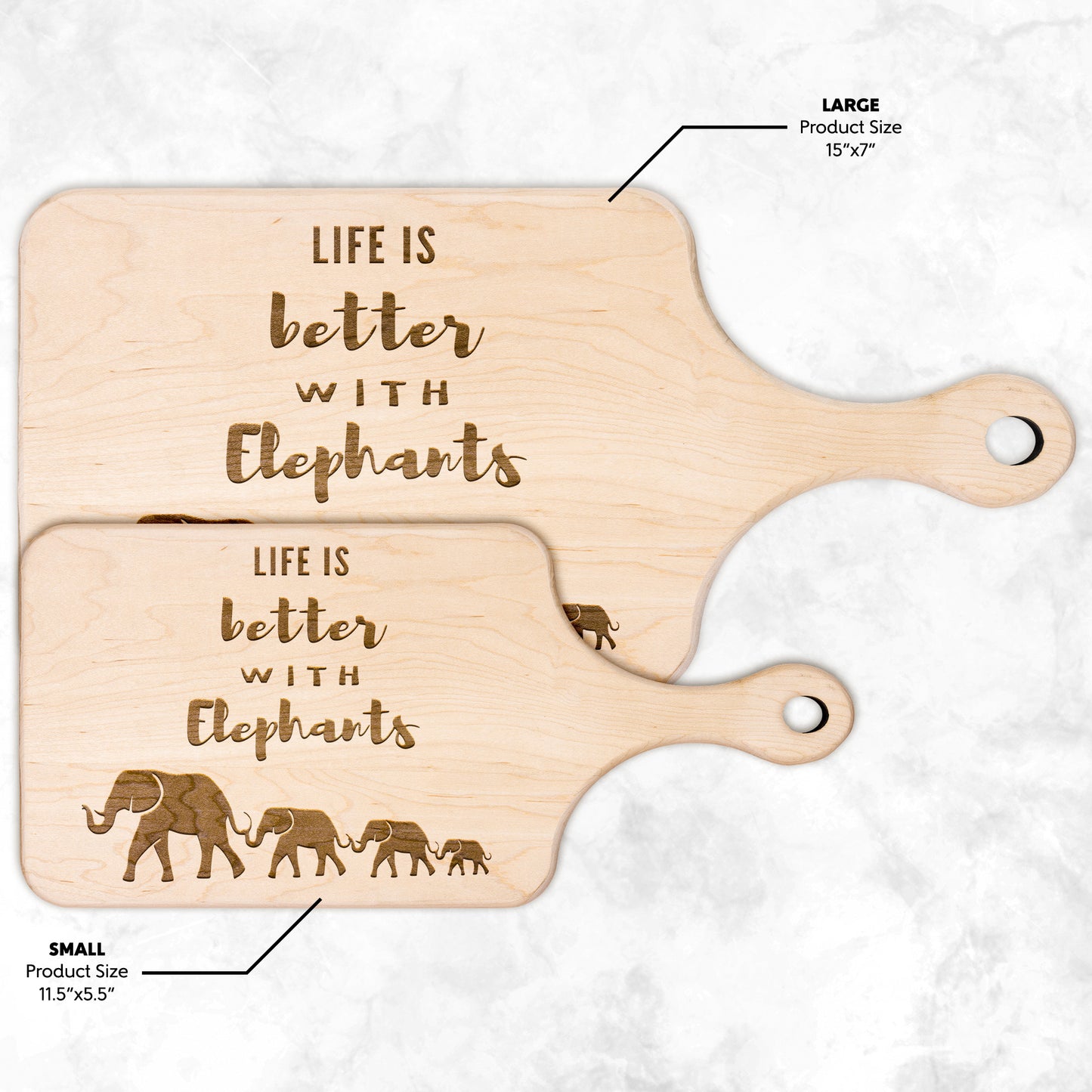Elephant Paddle Cutting Board | Life is Better with Elephants | Mama Elephant & her baby elephants | Walnut & Maple