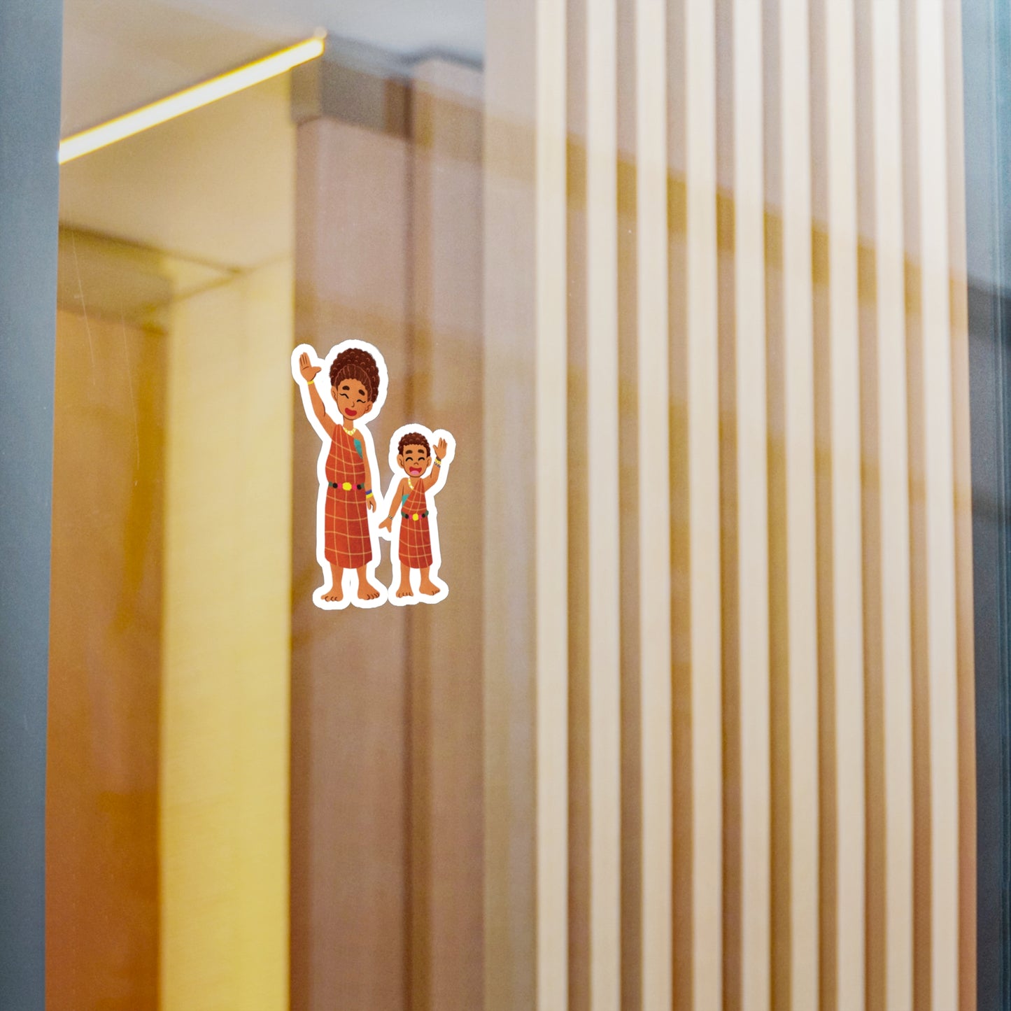 Stickers of Yaro the Maasai Village Boy and his Mother Waving Goodbye | Die-Cut Maasai Family Stickers | Outdoor and Indoor Stickers | Water-resistant Stickers