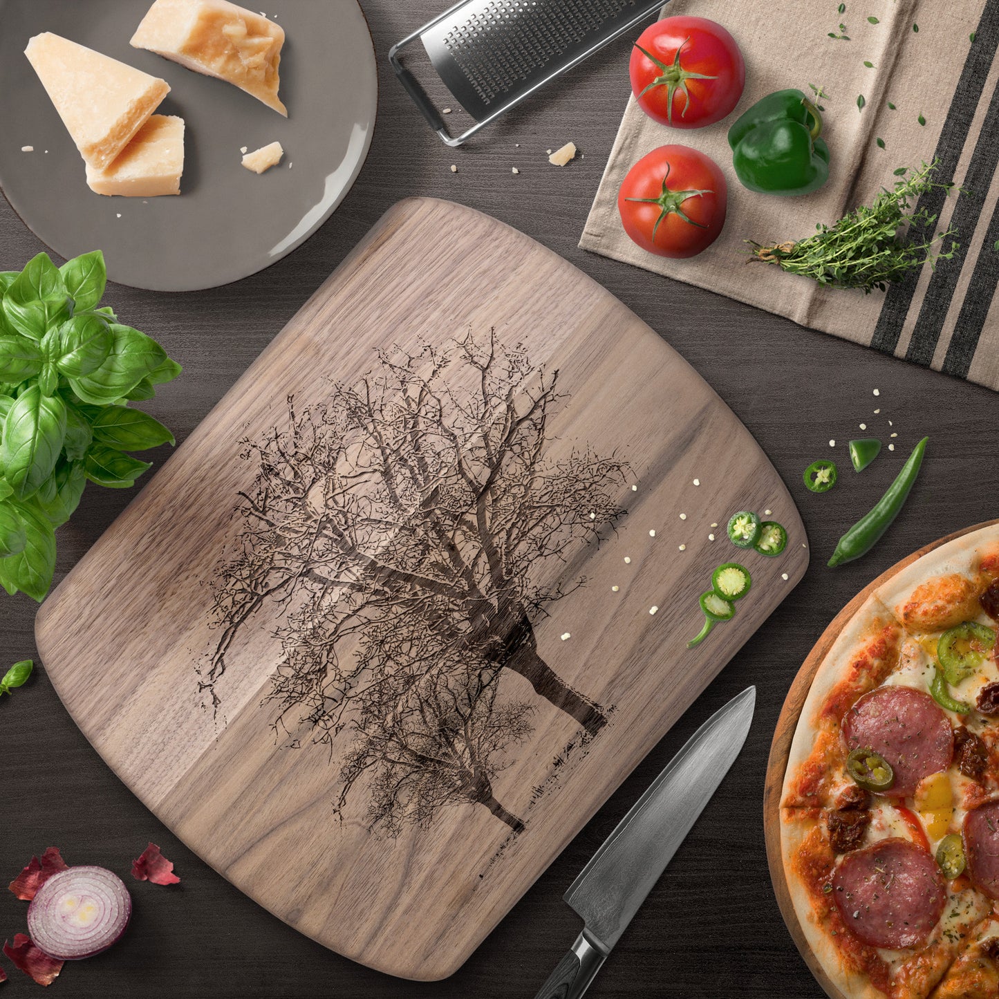 Walnut Cutting Board, Maple Cutting Board, Oval Cutting Board with Farmhouse Trees, Great Housewarming Gift