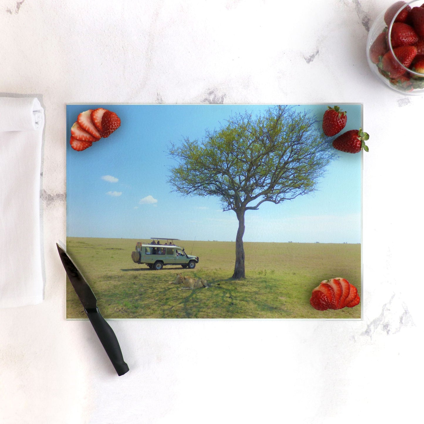 Safari Cutting Board Glass | African Safari Kitchen Decor | Acacia Tree Landscape | Safari Vehicle Art Board | Nature Lover Gift | Charcuterie Board