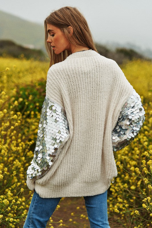 Gorgeous Sequin Sleeve Sweater Knit Tunic Top