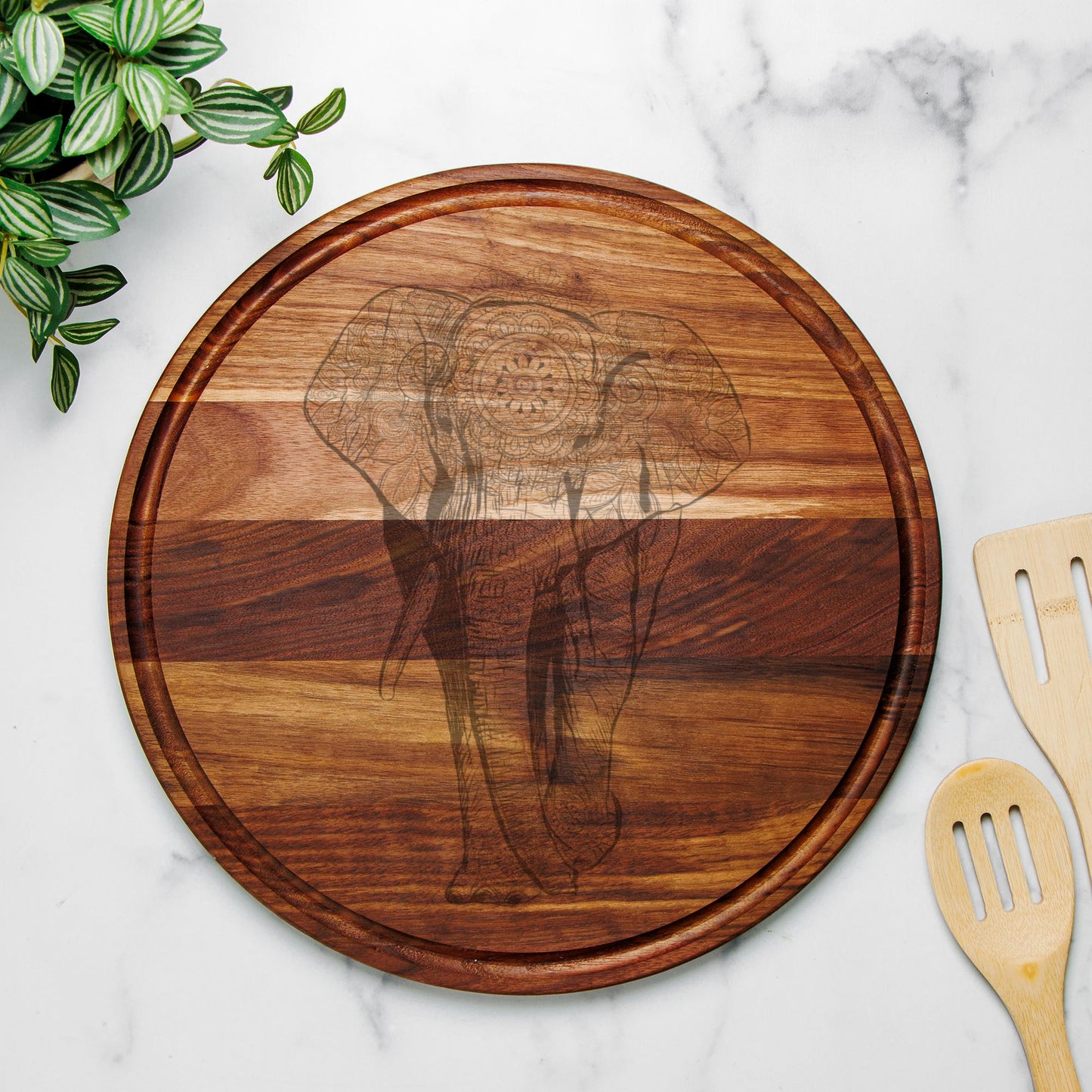 Beautiful Mandala Elephant Charcuterie Round Walnut Board with Groove, Housewarming Gift