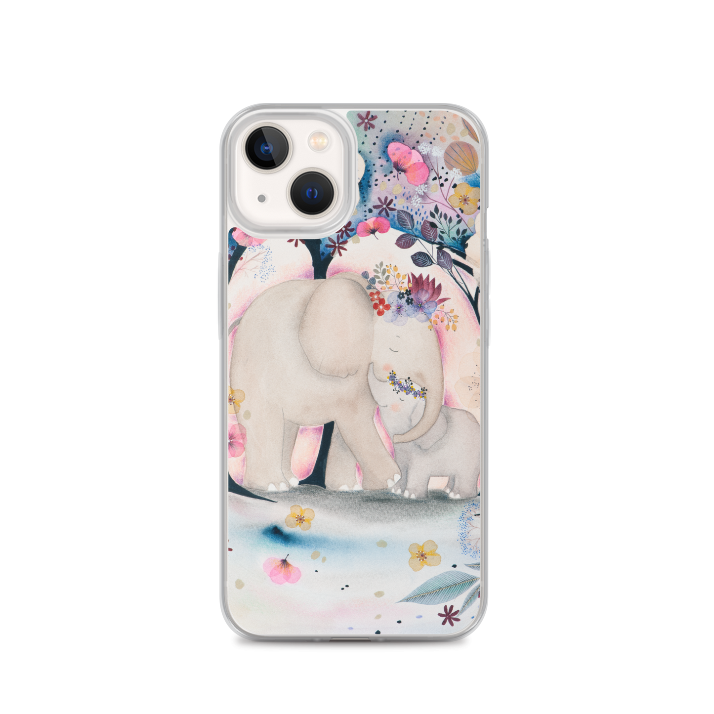 iPhone Case with Ethereal Baby Elephant Princess Illustration and Flowers