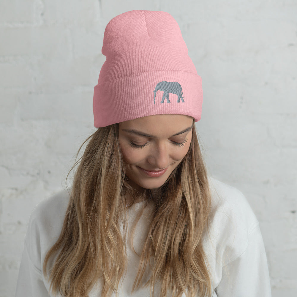 Cute Elephant Cuffed Beanie | Pink Beanie with Grey Elephant | Grey Elephant on Warm Beanie | Winter Hat | Embroidered Beanie