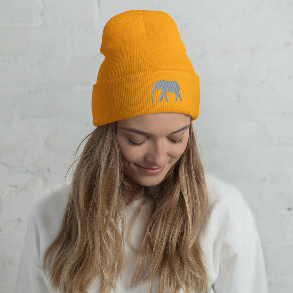 Cute Elephant Cuffed Beanie | Pink Beanie with Grey Elephant | Grey Elephant on Warm Beanie | Winter Hat | Embroidered Beanie