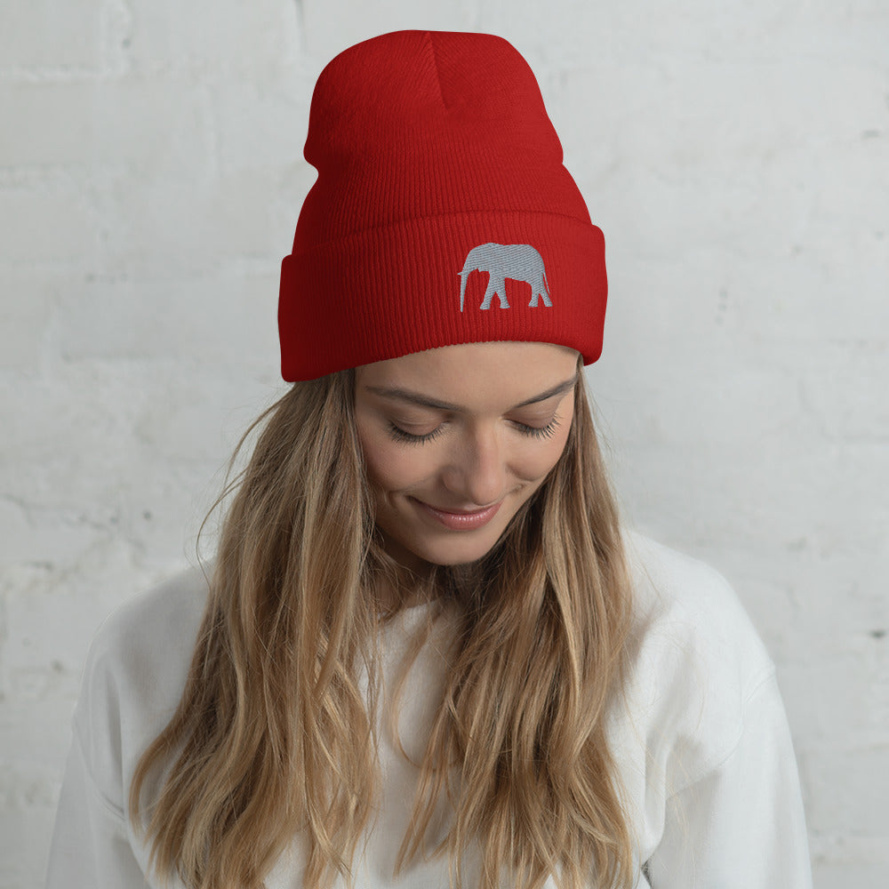 Cute Elephant Cuffed Beanie | Pink Beanie with Grey Elephant | Grey Elephant on Warm Beanie | Winter Hat | Embroidered Beanie