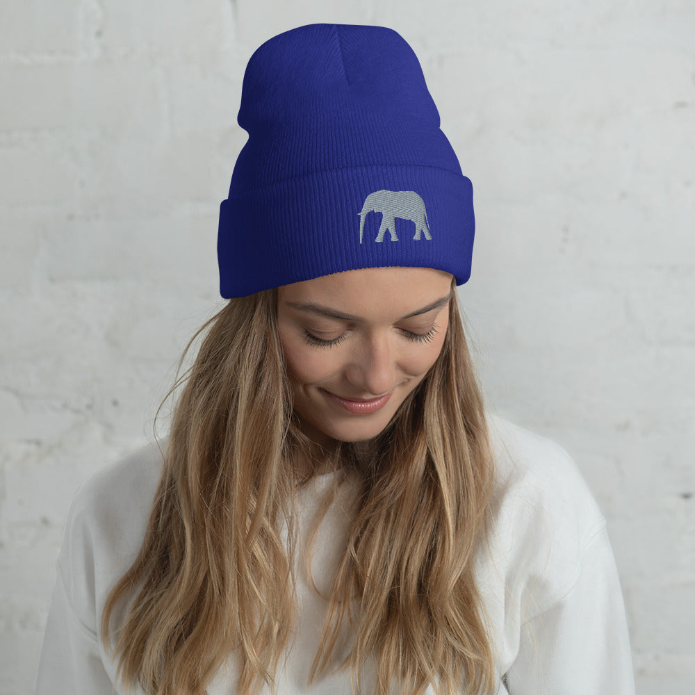 Cute Elephant Cuffed Beanie | Pink Beanie with Grey Elephant | Grey Elephant on Warm Beanie | Winter Hat | Embroidered Beanie