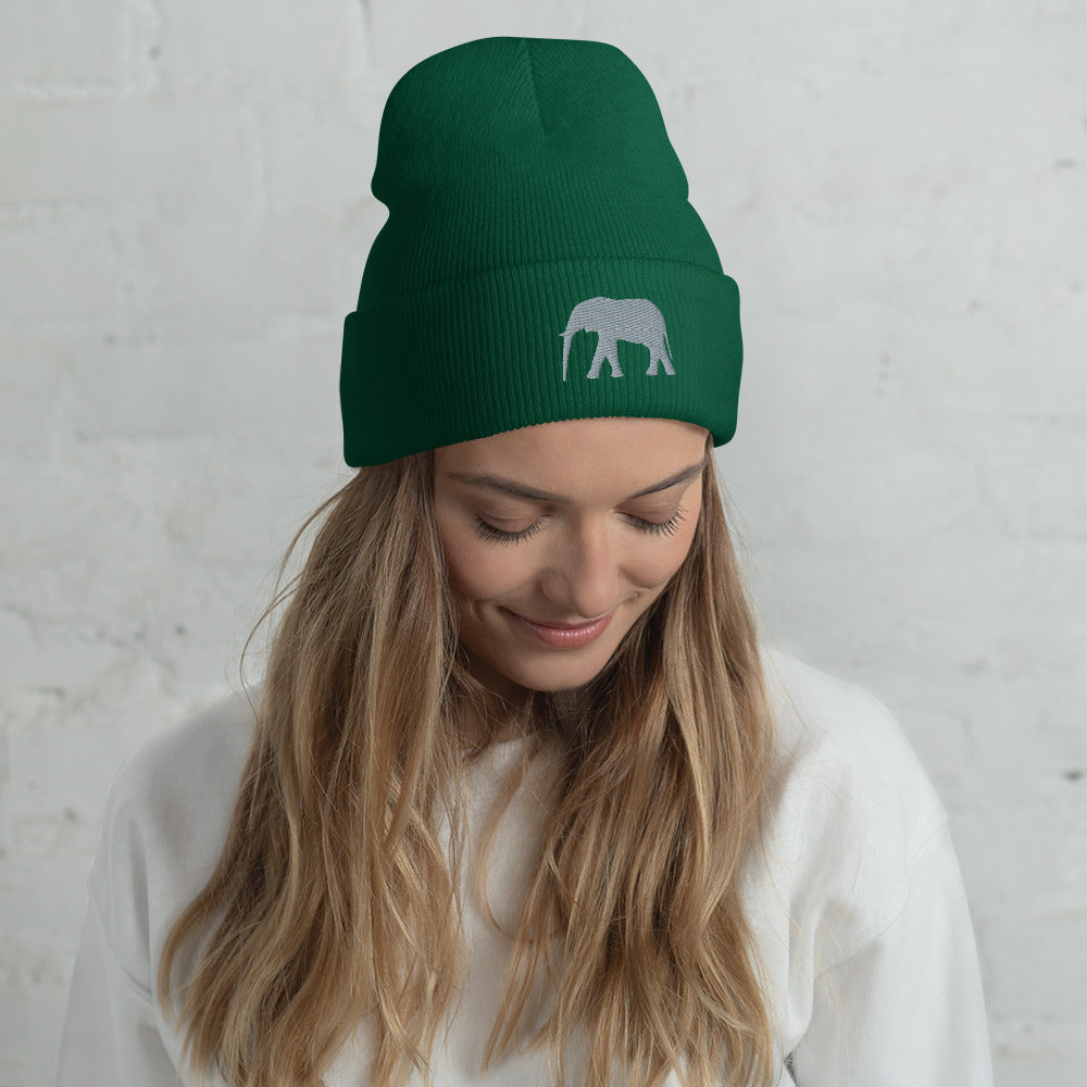 Cute Elephant Cuffed Beanie | Pink Beanie with Grey Elephant | Grey Elephant on Warm Beanie | Winter Hat | Embroidered Beanie