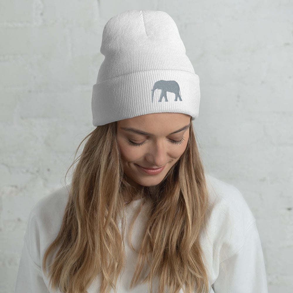 Cute Elephant Cuffed Beanie | Pink Beanie with Grey Elephant | Grey Elephant on Warm Beanie | Winter Hat | Embroidered Beanie