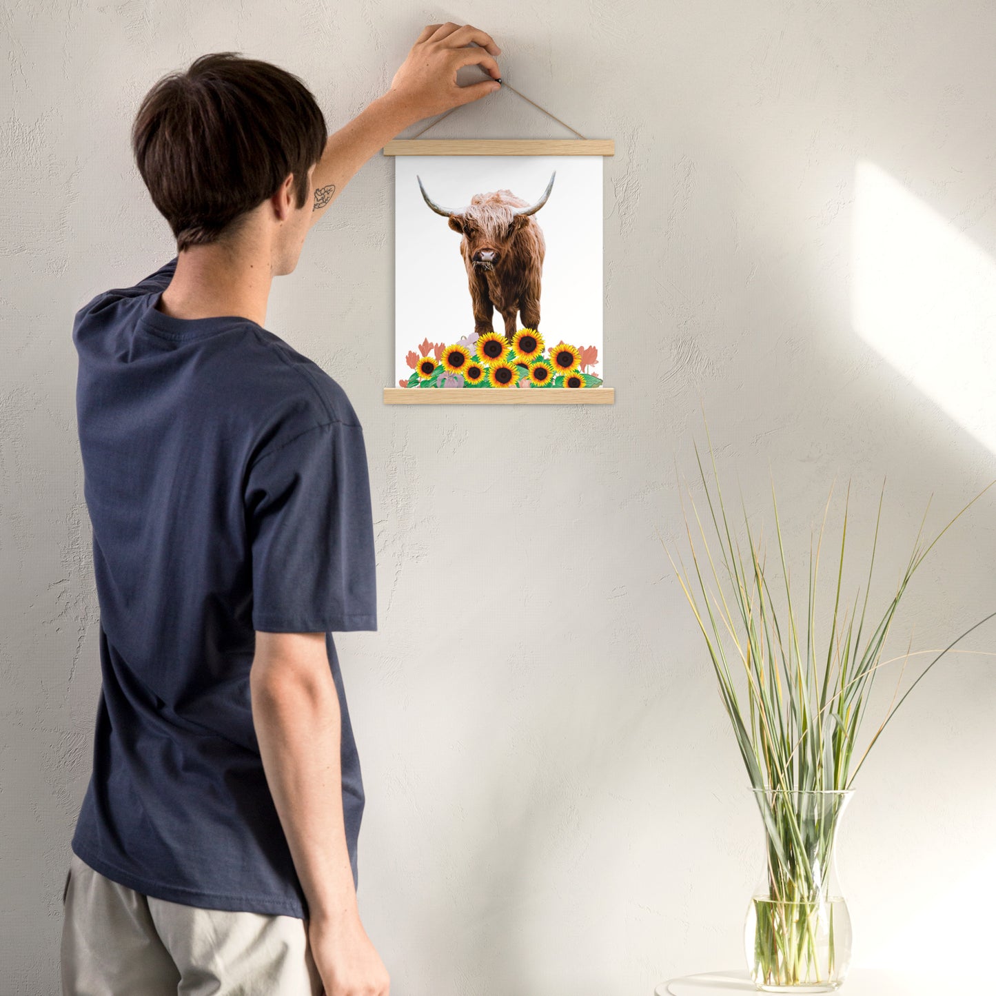 Highland Cow in Sunflower Field Poster with Wooden Hanger - Add Creativity and Depth to Your Space
