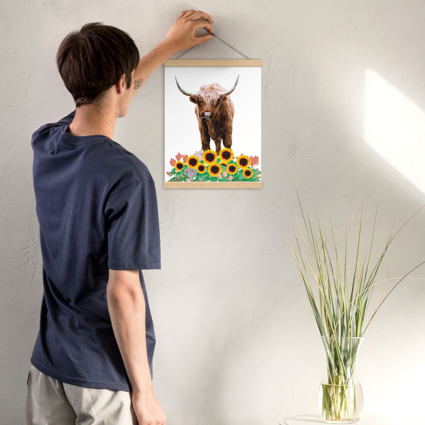 Highland Cow in Sunflower Field Poster with Wooden Hanger - Add Creativity and Depth to Your Space