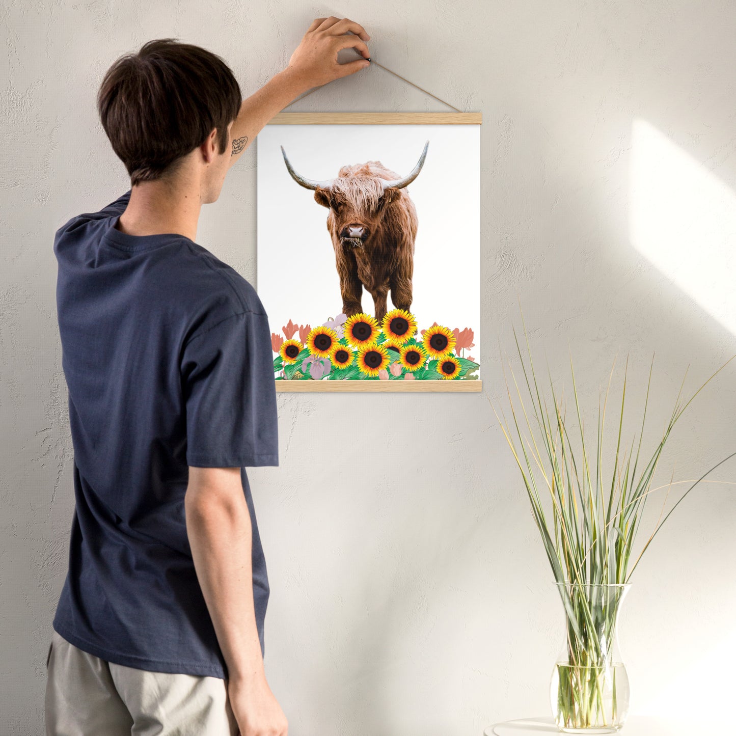 Highland Cow in Sunflower Field Poster with Wooden Hanger - Add Creativity and Depth to Your Space