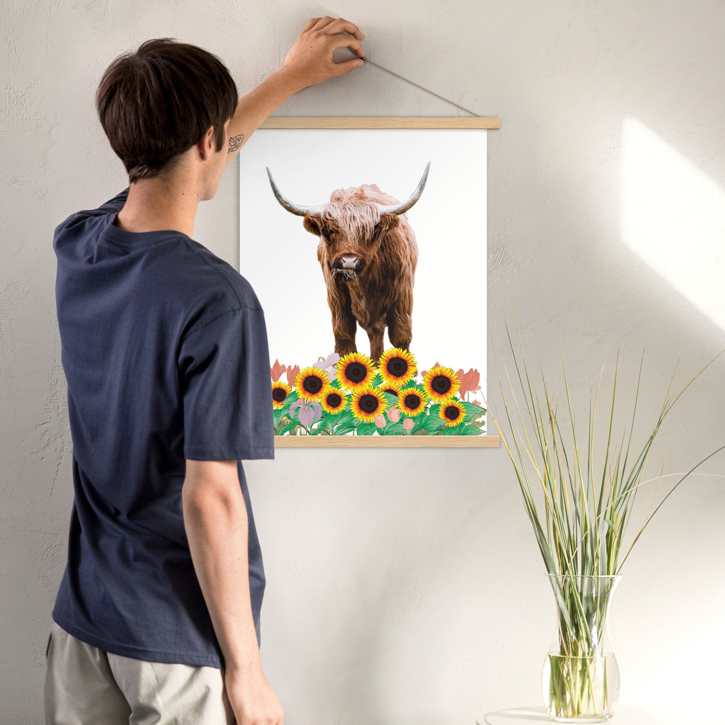 Highland Cow in Sunflower Field Poster with Wooden Hanger - Add Creativity and Depth to Your Space