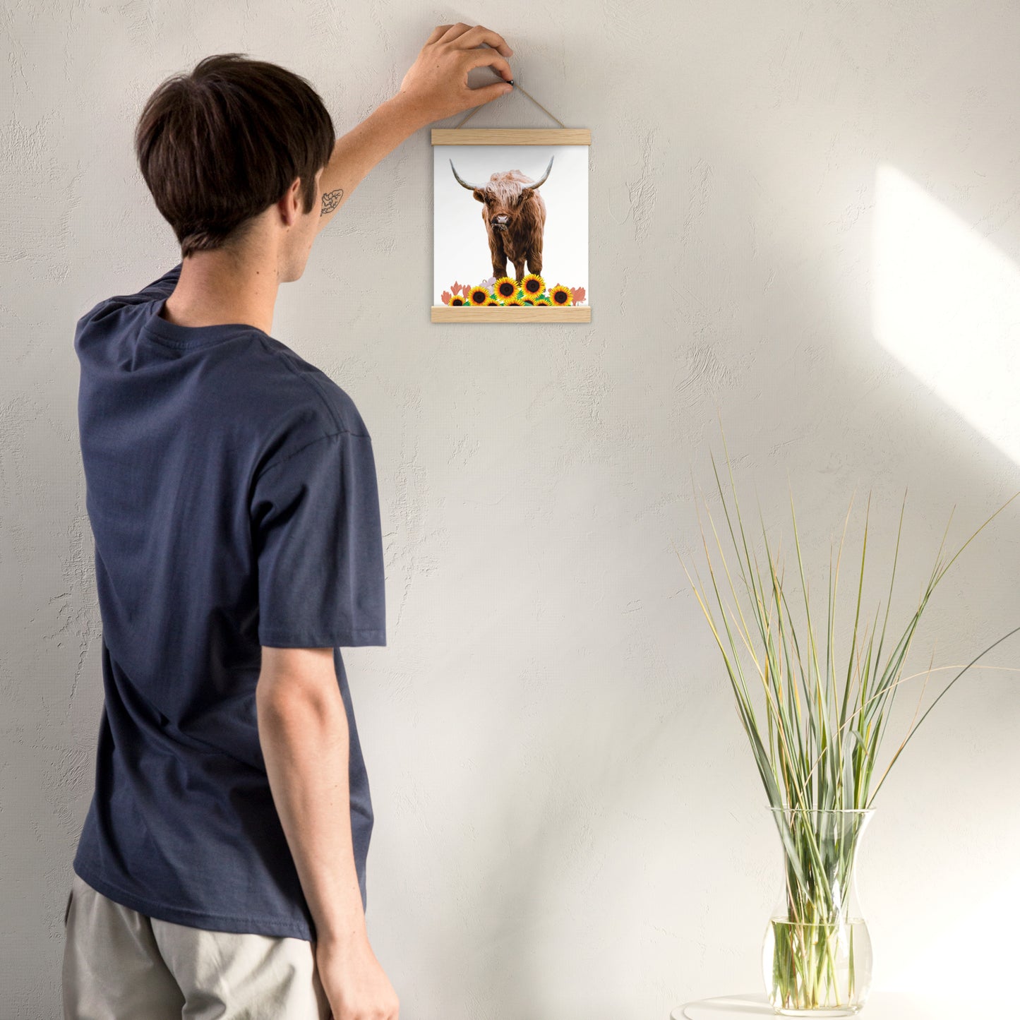 Highland Cow in Sunflower Field Poster with Wooden Hanger - Add Creativity and Depth to Your Space
