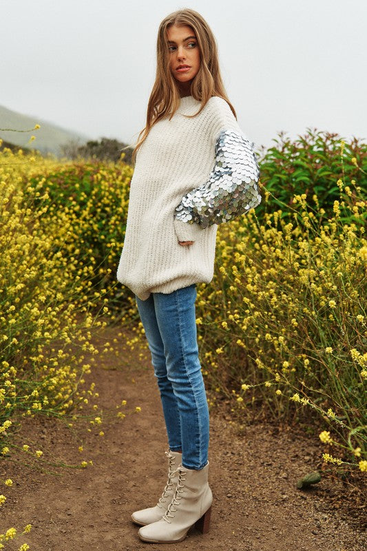 Gorgeous Sequin Sleeve Sweater Knit Tunic Top