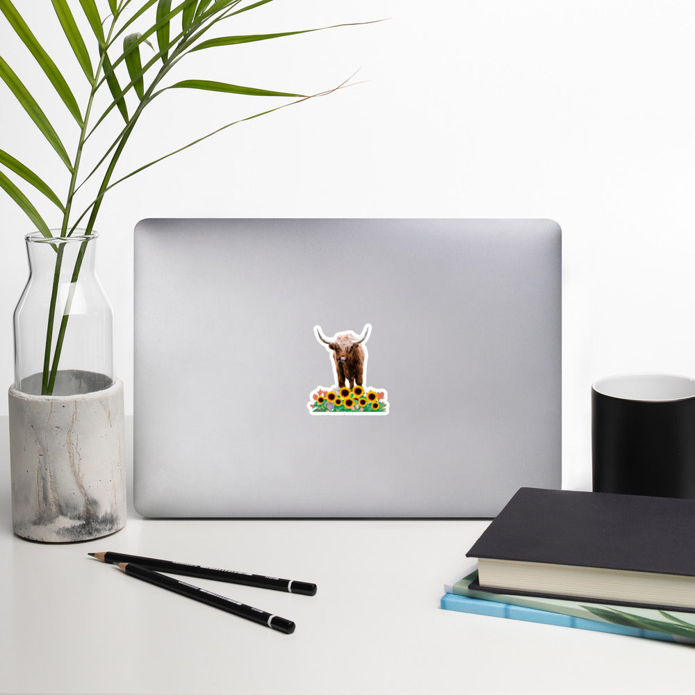 Highland Cow in Sunflower Field Stickers - Adorable Charm for Indoor Surfaces | Bubble-free stickers