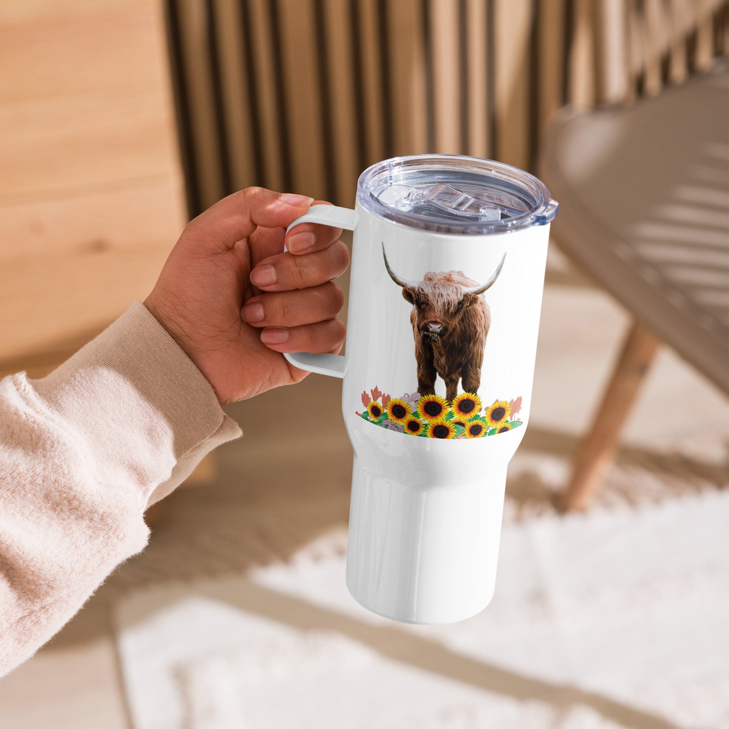 Sip Nature's Charm On The Go with our Captivating Highland Cow in Sunflower Field Travel Mug - White Travel mug with a handle