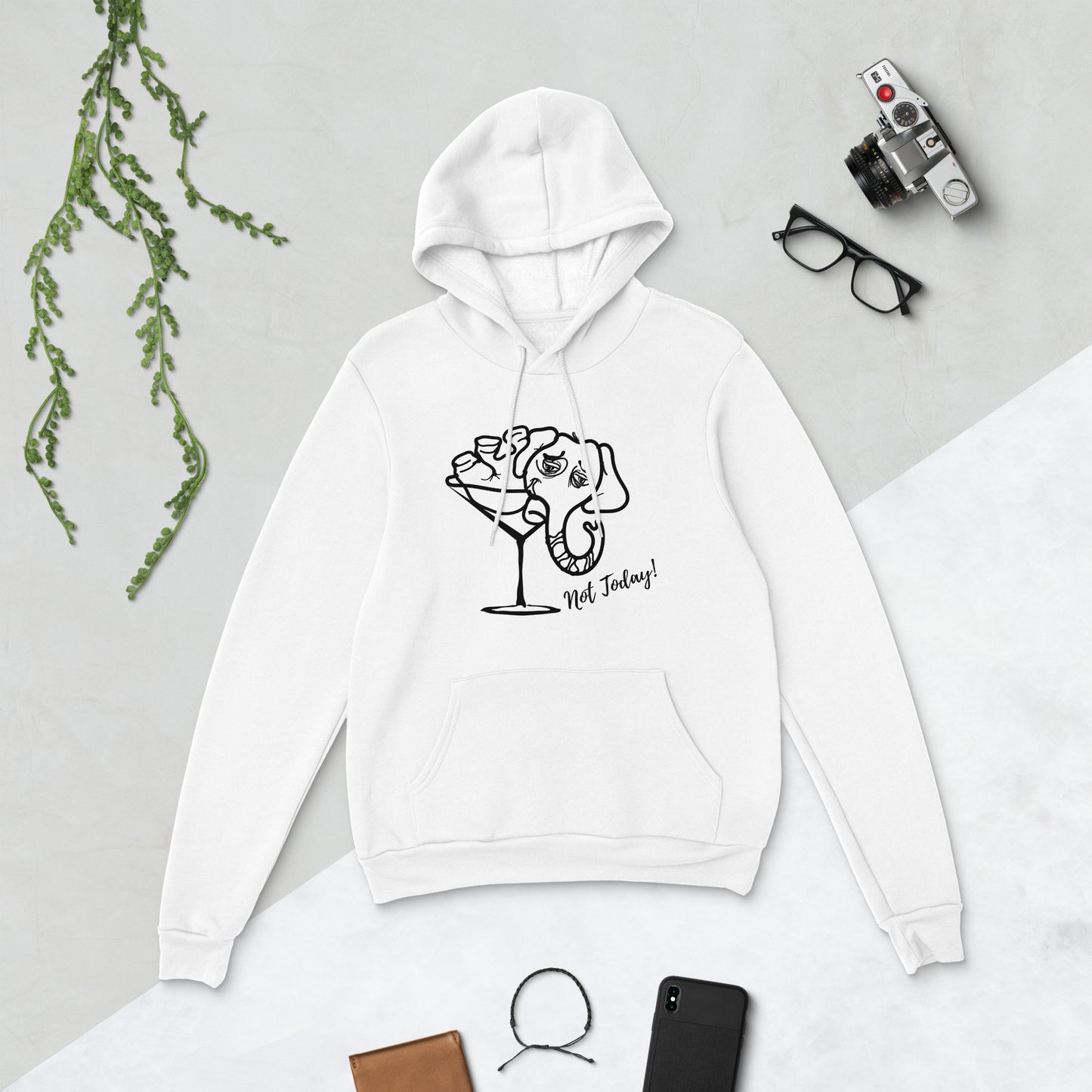 Funny Unisex hoodie with an Elephant in a Martini Glass, Hangover Elephant in a Cosmopolitan Drink, Not Today Elephant Hoodie