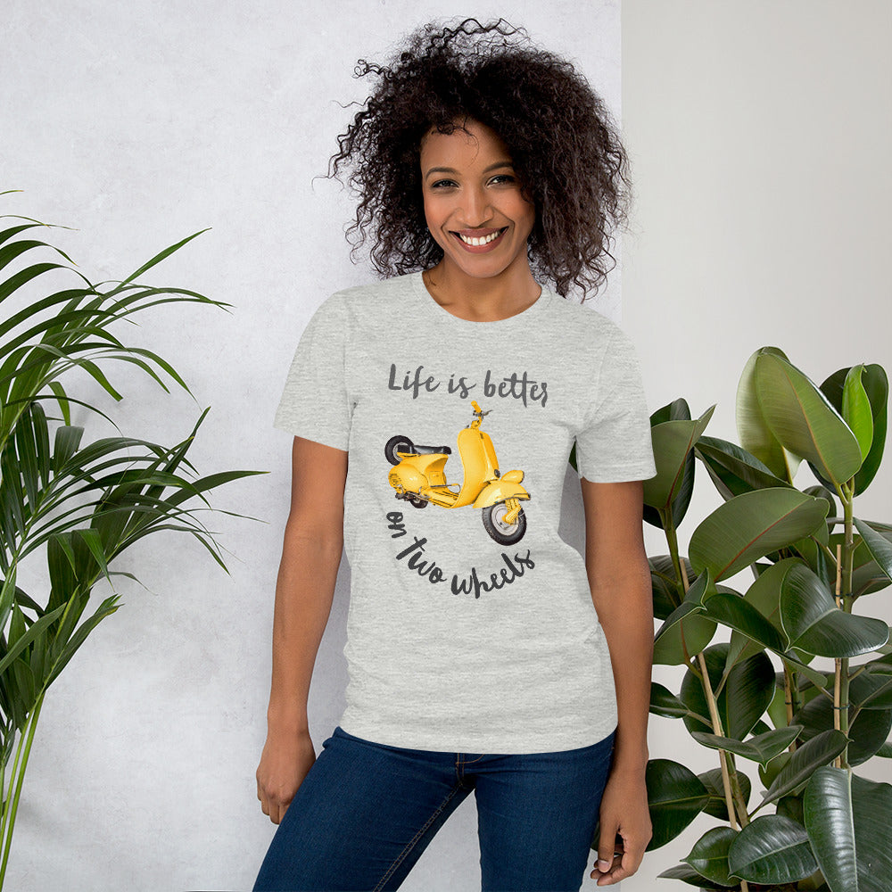 Light Colored Unisex t-shirt Travel Shirt, Wanderlust Tee, Life is Better on Two Wheels Yellow Scooter T-shirt, Adventure-Ready Cotton Shirt